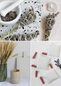 Ein Arrangement aus drei DIY-Naturprojekten auf Holz: Ein handgenähtes Lavendelkissen aus Leinen mit Stickerei, ein selbstgebundenes Räucherbündel aus getrocknetem Lavendel und eine hellgelbe Bienenwachskerze. Natürliche Selfcare-Elemente für Entspannung.