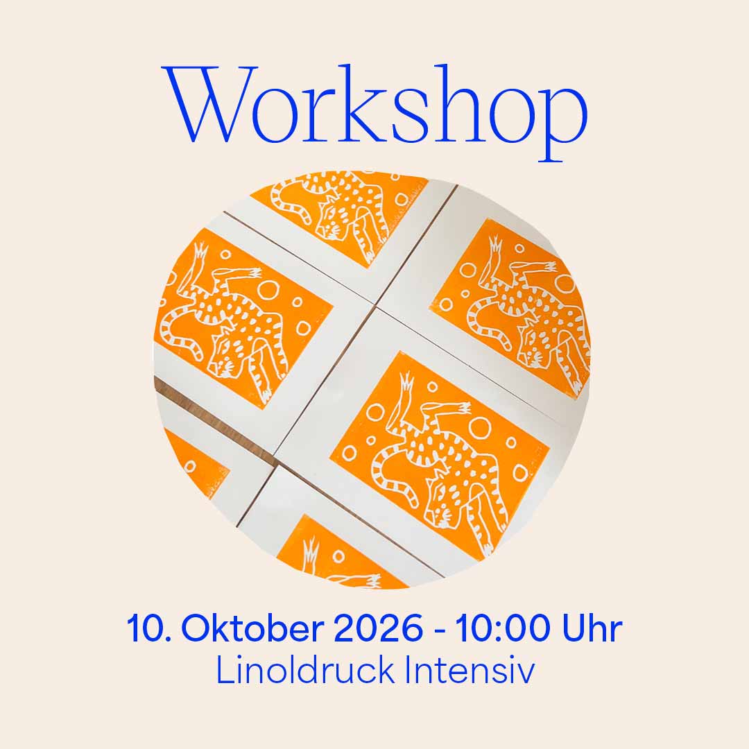 Grafik für den we love handmade Workshop 'Linoldruck Intensiv' am 10. Oktober 2026. Ein kreisrundes Foto zeigt mehrere Drucke eines orange-weißen Tigermotivs. Darüber steht 'Workshop', darunter '10. Oktober 2026 - 10:00 Uhr Linoldruck Intensiv'.