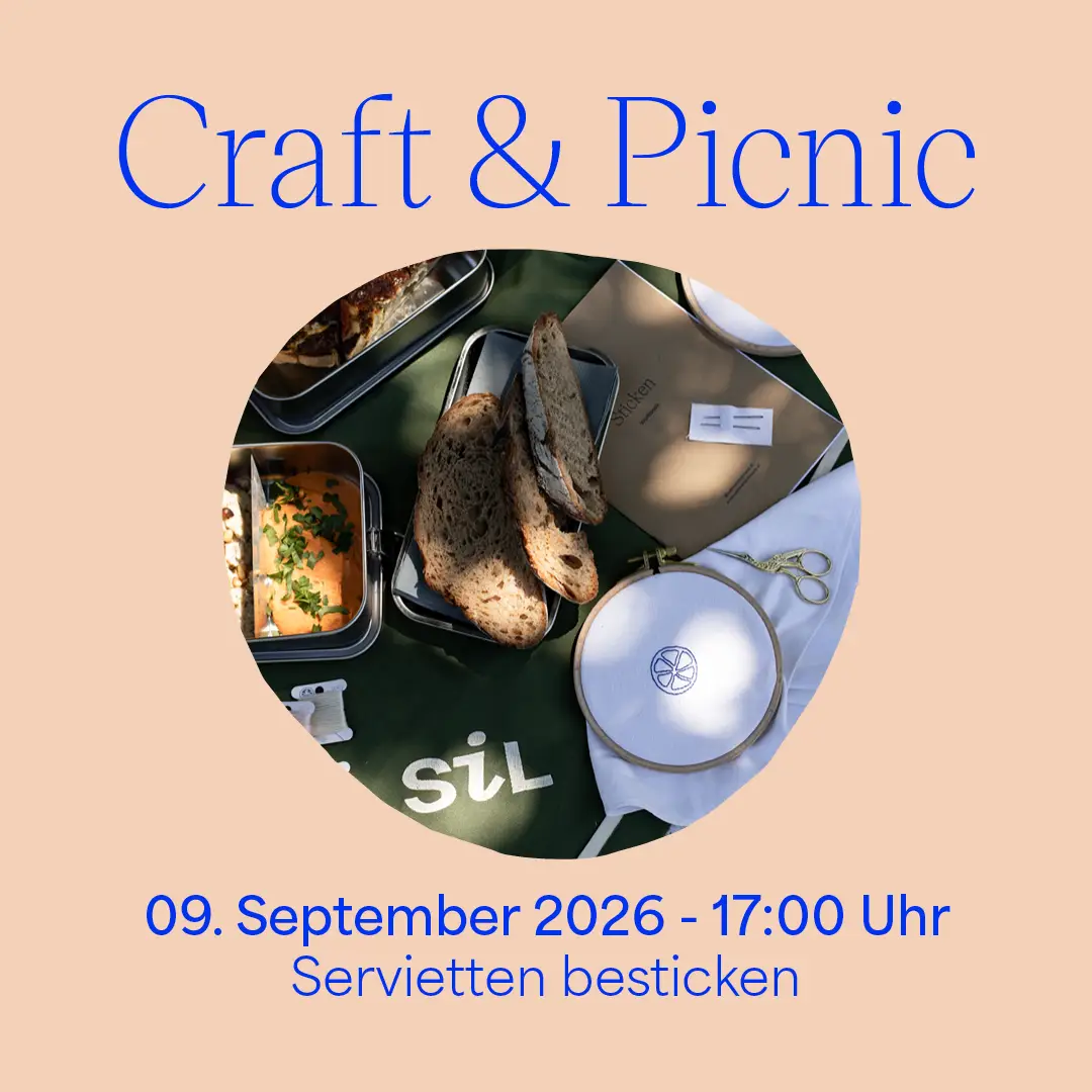 Ankündigungsgrafik Craft & Picnic Workshop mit SiL Wien, Servietten besticken am 9. September 2026 um 17:00 Uhr