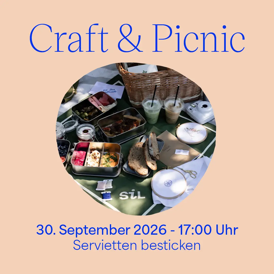Ankündigungsgrafik Craft & Picnic Workshop mit SiL Wien, Servietten besticken am 30. September 2026 um 17:00 Uhr