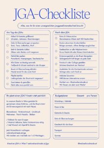 Grafik der zweiten Seite der JGA-Checkliste von we love handmade mit Aufgaben für den JGA-Tag, Nachbereitung und Budgetplaner-Tabelle.