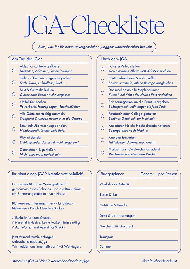 Grafik der zweiten Seite der JGA-Checkliste von we love handmade mit Aufgaben für den JGA-Tag, Nachbereitung und Budgetplaner-Tabelle.