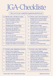 Grafische Ansicht der ersten Seite der JGA-Checkliste mit den Zeitabschnitten 3-6 Monate, 6-8 Wochen, 3-4 Wochen und 1-2 Wochen vorher.